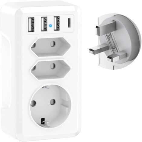 BUNTHAUS Adaptateur Voyage 7 en 1 avec 3 USB et USB-C Adaptateur France vers UK Prise Anglaise Adaptateur UK Type G pour Irlande Malaisie Angleterre Royaume-Uni Dubai
