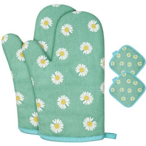 BUNTHAUS Gants de Four, 1 Paire Gants de Cuisine Coton avec 2 Maniques Cuisine, Lavable Gant Cuisine Four, Gants de Cuisine Antidérapants, Gant Cuisine Anti Chaleur pour Barbecue, Cuisson (fleurs vert