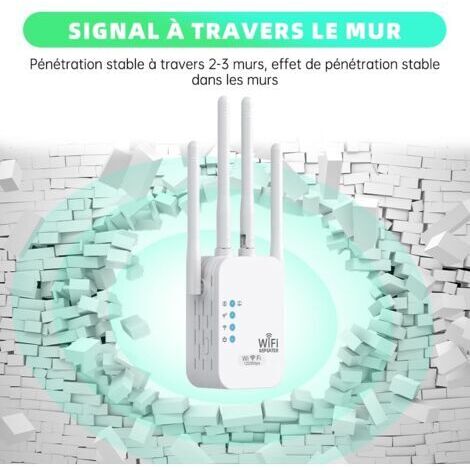 Répéteur WiFi Puissant 1200Mbps Double Bande - 4 Antennes, WiFi Extender Avec 2 Ports LAN