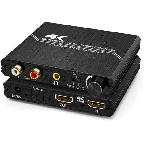 BUNTHAUS Extracteur Audio HDMI 2.0 – Répartiteur Audio HDMI 4K vers Spdif Optique 3,5 mm AUX Stéréo RCA L/R Convertisseur Audio avec Contrôle Volume Prise en Charge 4K@60Hz HDCP 2.2 HDR 3D YUV 4:4:4