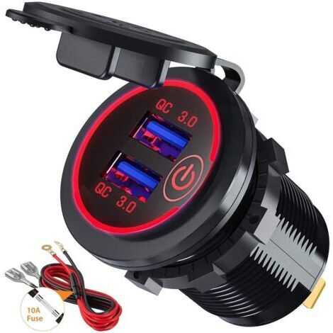 BUNTHAUS Quick Charge 3.0 Prise de Chargeur Rapide de Voiture USB Adaptateur avec Interrupteur 12V / 24V 36W Dual QC3.0 USB pour Marine, Bateau, Moto, Camion (Rouge) (1/5)