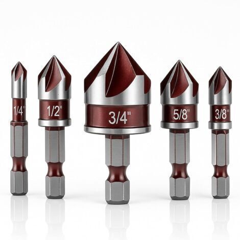 BUNTHAUS 5Pcs Foret à Métal Fraiser, 5 Flûte Fraise à Chanfreiner HSS Foret Conique Fraise à Noyer Forets Fraise à Ébavurer, 6/10/13/16/19mm Outil de Vis pour DIY Bois Métal PVC