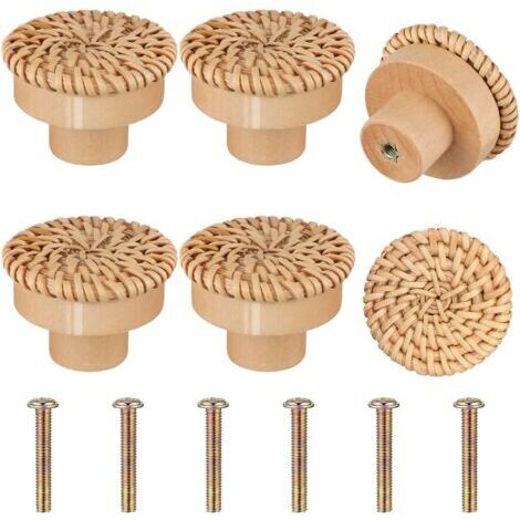 BUNTHAUS 6 Pièces Boutons de Meuble en Rotin Bois, Poignée Meuble Bois, Bouton de Tiroir, Boutons de Portes pour Placards, Boutons de Meuble Rond en Bois, Bouton de Meuble Bois pour Chambre Cuisine Bu (1/4)