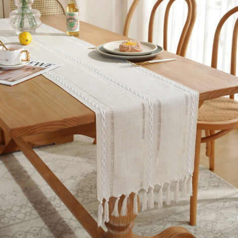 BUNTHAUS Chemin de table bohème avec pompons - Style rustique - Décoration de table de cuisine - Vacances - Mariage - Décoration de salle à manger ou d'anniversaire - 33 x 143 cm - Crème (1/4)