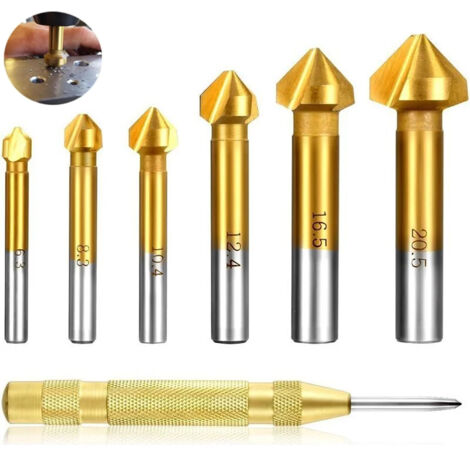 Longziming – Jeu de 6 fraises à 90° pour perceuse – Acier HSS avec revêtement titane – Diamètre 6,3-20,5 mm – Poinçon centrage automatique en laiton