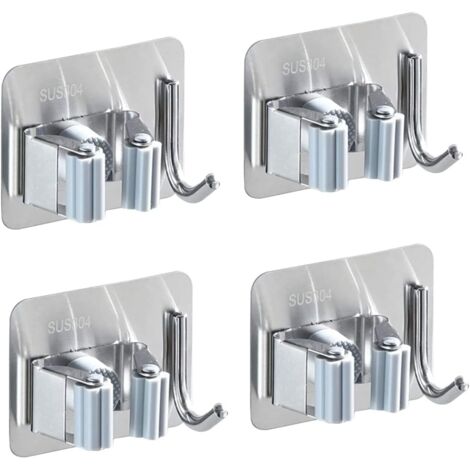 Lot de 4 supports muraux pour balai en acier inoxydable, porte-balai auto-adhésif, antirouille, avec 1 crochet et 1 fixation rapide pour vadrouille, balais et outils de jardin (1/5)