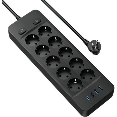 Multiprise Electrique 4000W Multiprise 10 Prises avec 4 Ports USB Bloc Multiprise Parafoudre Surtension avec Interrupteur Câble 2M (1/4)