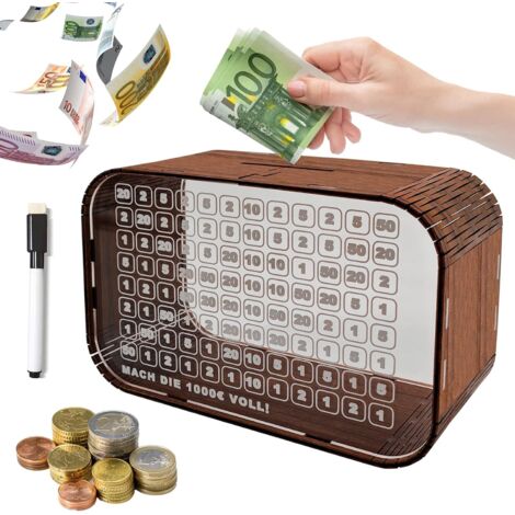 Sollbry Tirelire en bois acrylique transparent avec chiffres cibles - Avec stylo effaçable avec objectif d'épargne - Convient pour adultes et enfants (1/5)