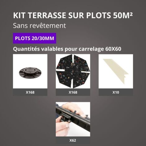 Jouplast – Kit terrasse sur plots sans revêtement 50m² – Finition blanc perle – Plots réglables 20/30 mm – 168 plots pour installation rapide (1/5)