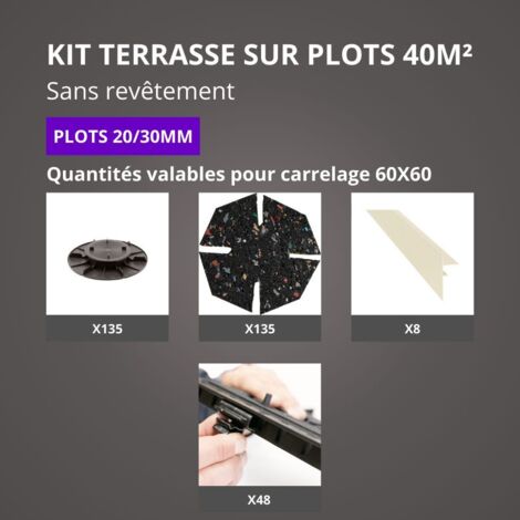 Jouplast – Kit terrasse sur plots réglables 40m² – Finition blanc perle – 135 plots 20/30 mm – Installation rapide et drainage efficace