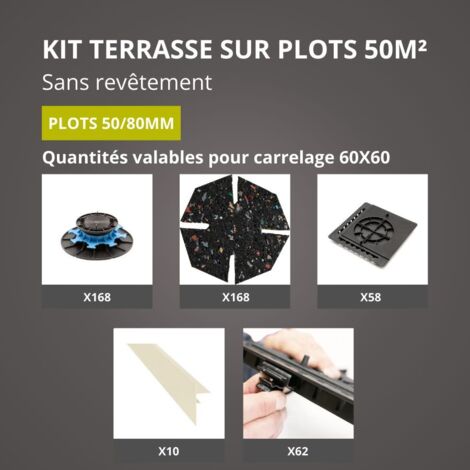 Jouplast – Kit terrasse sur plots 50m² – 168 plots réglables 50/80 mm – Finition blanc perle – Installation rapide sans compétences requises (1/5)