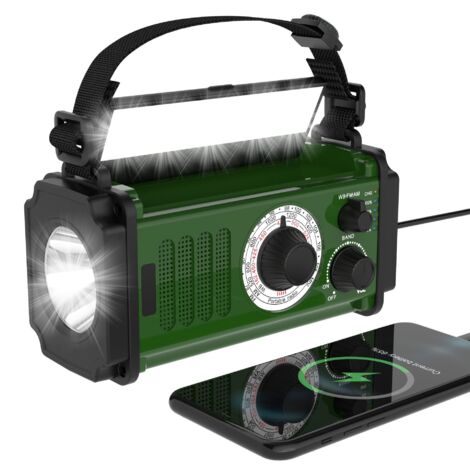 Radio d'urgence, radio à manivelle 10000 mWh, énergie solaire, météo NOAA/AM/FM, 4 méthodes de charge, batterie polymère, lampe de poche et lampe de lecture, alarme SOS, boussole de camping, banque d'