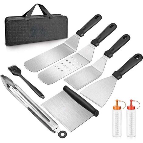 Trimec – Ensemble de 9 spatules en acier inoxydable – Ustensiles professionnels pour barbecue – 2 spatules surdimensionnées et hachoir – Sac de rangement inclus