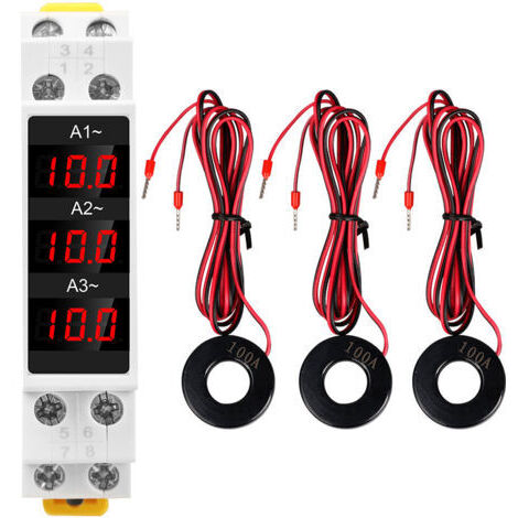 Ampèremètre triphasé sur rail DIN avec affichage numérique LED, haute précision, avec 3 capteurs, AC 80-500V 1-100A