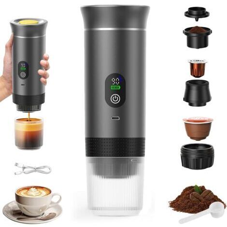 Cafetière Portable 3 en 1,Rechargeable Cafetière Portable de Voyage,12V Expresso Machine a Cafe pour Capsule,Café Moulu,pour Camping,Voyage,Bureau,Voiture,Maison, Gris
