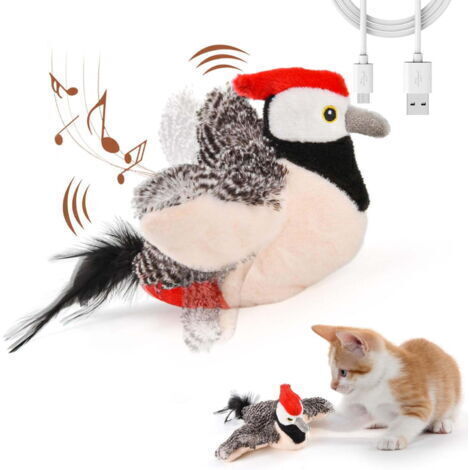 Jouets interactifs pour chats, oiseau à clignotement rechargeable (pas volant) avec chaton pour chats d'intérieur, toucher activé, jouets d'exercice de chaton en peluche (pardon brun)