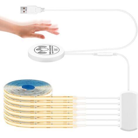 Ruban LED COB 1M, 6 Pièces COB Bande LED Blanc Chaud en Parallèle, avec Variateur Tactile et à Balayage Manuel, Découpable Éclairage pour Armoire, Vitrine, Panneaux Acoustiques, 5V