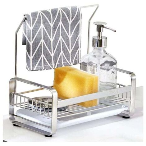 Porte Eponge pour Evier de Cuisine,Rangement Eponge Evier Cuisine en Acier Inoxydable Adhésif&Comptoir, Organisateur pour Brosse Vaiss Lavette Serviette-Argent (1/5)