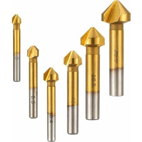 6 pièces fraise en noyer fraise conique 90° chanfrein HSS 6.3mm 8.3mm 10.4mm 12.4mm 16.5mm 20.5mm dents outil de revêtement en titane fraise cylindrique fraise pour bois métal PVC (1/5)