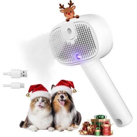Brosse à Vapeur 4-en-1 pour Chats & Chiens, Rechargeable à Auto-nettoyage (2 modes pulvérisation, réservoir grand) : Épilation, élimination poils, massage (poils longs/courts)