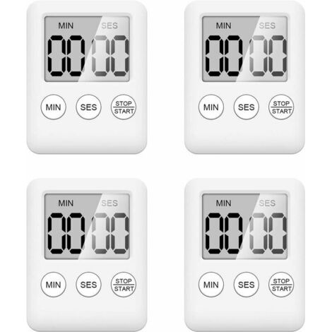 Lot de 4 minuteurs de cuisine - Minuterie numérique avec aimant - Compte à rebours pour la cuisine, le fitness, l'apprentissage (blanche)