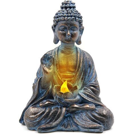 Bouddha de jardin avec lumières LED de lotus, statue zen en résine, décoration cour, terrasse, rebord de fenêtre
