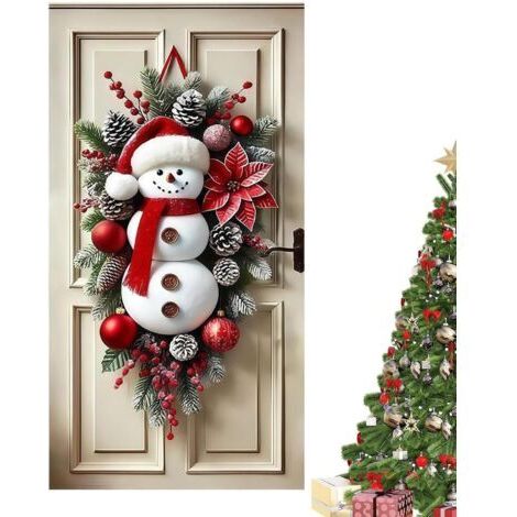 Tuserxln – Décoration de Noël bonhomme de neige 180 x 90 cm – Décoration de porte d'entrée avec nœud et cloches – Couronne suspendue festive
