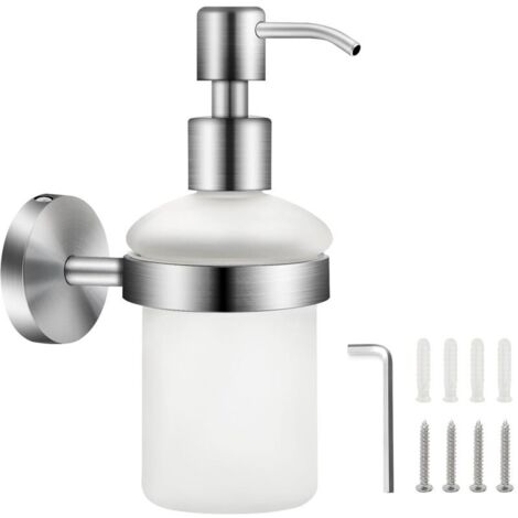 Houhence – Distributeur de savon mural en verre mat 200 ml – Acier inoxydable – Fixation murale pour gel douche et savon liquide – Bouteille transparente