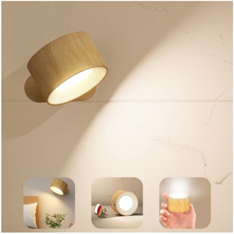 Applique Murale Interieur, Lampe Murale Touch LED avec Port de Charge USB Contrôle Tactile, 3 Niveaux de Luminosité 3 Températures Rotatifs 360° Lampe pour Chambre à Coucher 1 Pack (grain de bois) NPT