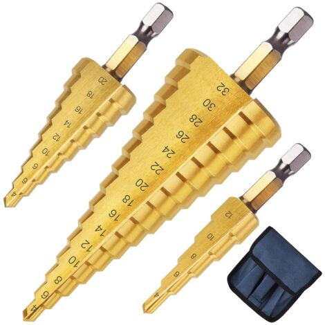 Osqi – Set de 3 forets étagés HSS titane 4-12/20/32mm – Tige hexagonale 1/4' – Pour perçage métal, bois, aluminium, plastique (1/6)