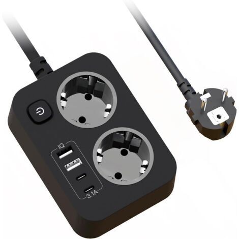 Multiprise 2 Prises avec USB, Rallonge Electrique Multiprise Plate Murale avec Interrupteur, Portable Bloc Prise Multiple avec Protection Surtension et Cable 1.8m pour Bureau Maison Voyage, Noir (1/5)