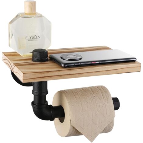 Porte-papier hygiénique à tuyau industriel avec étagère - Porte-papier hygiénique rustique en rouleau de style vintage pour salle de bain, résistant à la rouille (noir) (1/5)