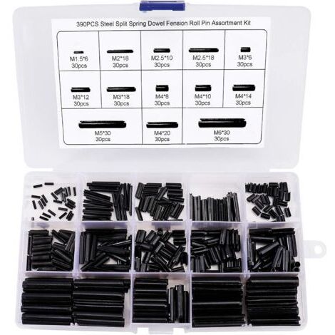 390 Pièces Goupille élastique Fendue Goupilles Fendues en Acier au Manganèse Assortiment Kit M1.5 M2 M2.5 M3 M4 M5 M6 avec la Boîte