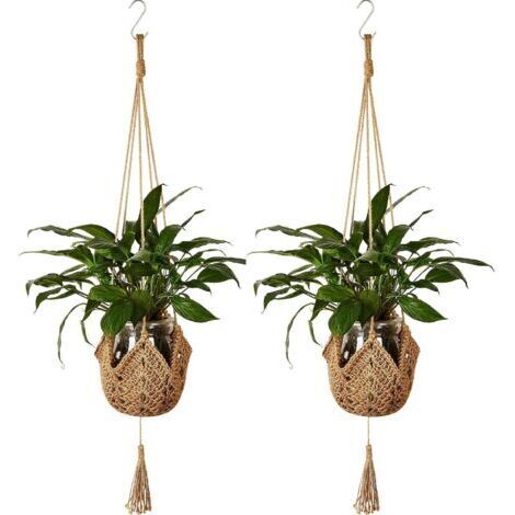 Paniers de Plantes à Suspendre en Corde de Jute Macramé Crochet pour Pot de Fleurs Mural avec Crochets de Suspension pour Décoration Intérieure 2 Pièces
