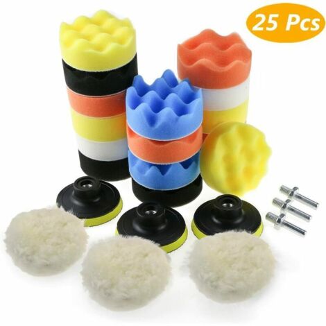Lucky-88 – Kit de 25 tampons de polissage pour voiture – Mousse et laine – Adaptateurs M10 inclus – Pour polissage de détail et finition