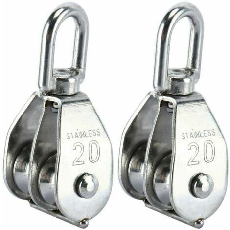 Lucky-88 – Lot de 2 blocs de poulie double M20 – Acier inoxydable 304 – Charge max 75 kg – Corde 7 mm – Crochet pivotant pour traction efficace (1/5)