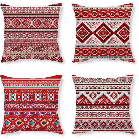 Housses De Coussin Taie D Oreiller Coussin Ethnique Taie D Oreiller Rouge Housse De Coussin Abstrait Housse Coussin Lin Coussin Geometrique Taie Oreiller 45X45 Lot De 4 Pour Canapé Chambre Maison (1/5)