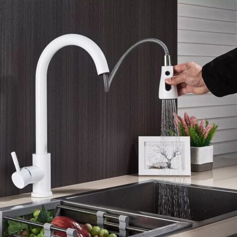 Robinet de cuisine Robinet de cuisine blanc avec douche Robinet de cuisine rotatif à 360 ° Robinet d'évier à levier unique en chrome Robinet d'évier de cuisine haute pression (1/5)