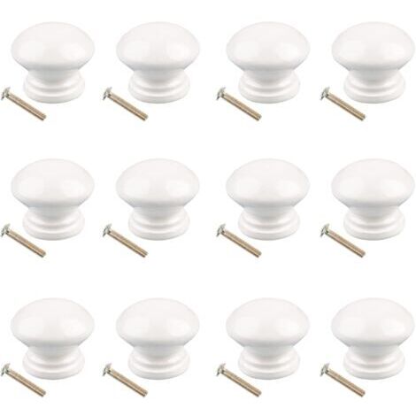 Lot de 12 Bouton de Meuble, Poignée Meuble Bois avec Vis, Poignee de Meuble Ronds Blanc, Boutons de Portes pour Placards, Commodes, Armoires
