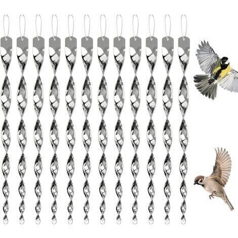 Lot de 12 répulsifs anti-oiseaux, carillons éoliens réfléchissants, anti-hirondelles, anti-oiseaux, pour balcon, spirales éoliennes, pour chasser les corbeaux (argenté), 30 cm (1/4)