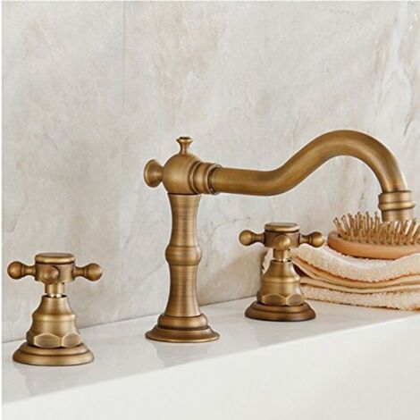 VURAHOME - Laiton Massif Deux poignées Trois Trous Widespread Bathroom Laiton Robinet d'évier Antique Pont Fini Mont Baignoire Robinetterie Durable Vintage Flexible Robinets (1/4)