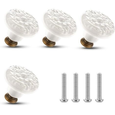 Lot de 4 boutons en céramique pour tiroirs vintage en forme de fleur, boutons décoratifs pour meubles avec vis de montage pour placards, tiroirs, armoires, portes, diamètre 3,6 cm (blanc)