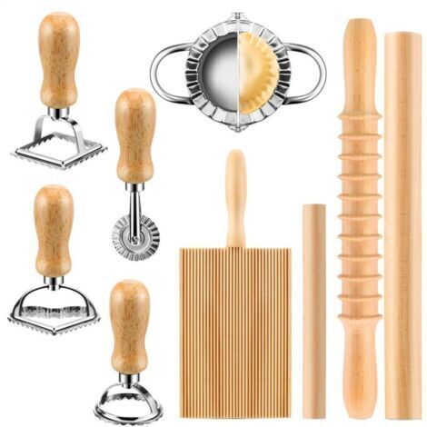 Kit de 9 pièces pour fabrication de pâtes – Moule ravioli en acier inoxydable – Rouleau en bois lissé – Planche à rainures en bambou