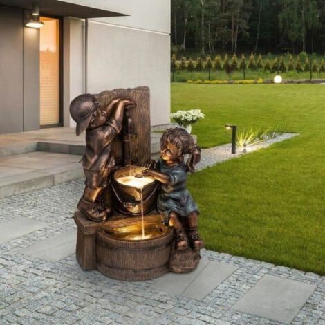 Statue de jardin enfant en résine avec fontaine d\'eau et bain - - Décoration de jardin - Blanc