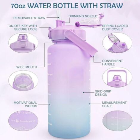 Gourde Sport 2L - Bouteille d\'eau avec Paille et Marqueur de Temps de Motivation pour Sport, Fitness, Plein air, Randonnée