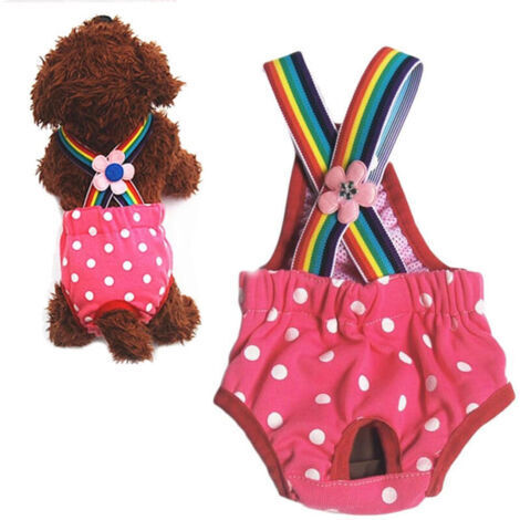 Couches pour chiennes, culottes hygiéniques lavables et réutilisables, bretelles élastiques réglables par bouton, imprimé à pois, pour chiennes de petite et moyenne taille, taille XS, rouge. (1/5)