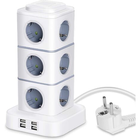 Tour Multiprise, 12 Prises Multiprise Electrique (2500W / 10A) avec 4 Ports USB, Multi Prises électriques Parafoudre Multiprise Verticale pour Maison Bureau, Rallonge 3M (1/5)