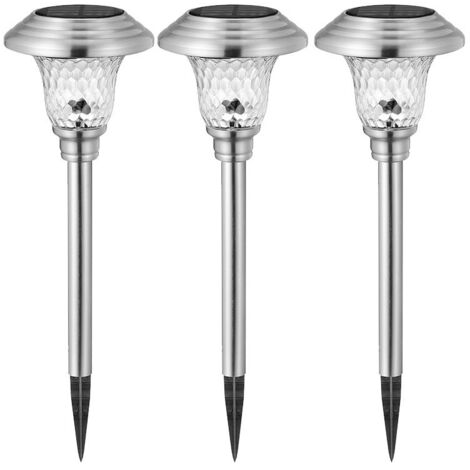 Lot de 3 bornes solaire en acier inoxydable, éclairage paysager Lanternes solaires décoratives pour extérieur, terrasse, jardin, lumière blanche