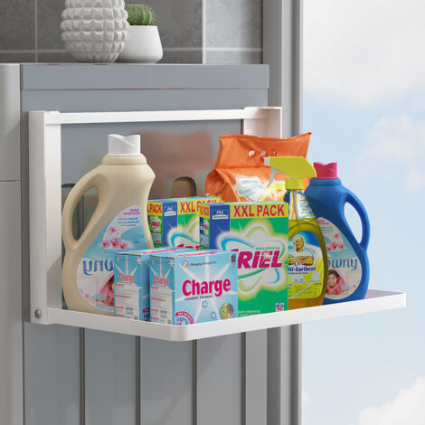 Porte-serviettes sans Perçage Autocollant Support Mural Pliable en Acier au Carbone Étagère Magnétique pour Machine à Laver pour Salle de Bain Étagère Douche Blanc Mat 41×25×25,5 CM (1/4)