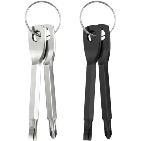 Ensemble de 4 tournevis de poche – Outil porte-clés tournevis EDC portable : tournevis plat double usage et petit tournevis cruciforme (noir et argent) (1/5)